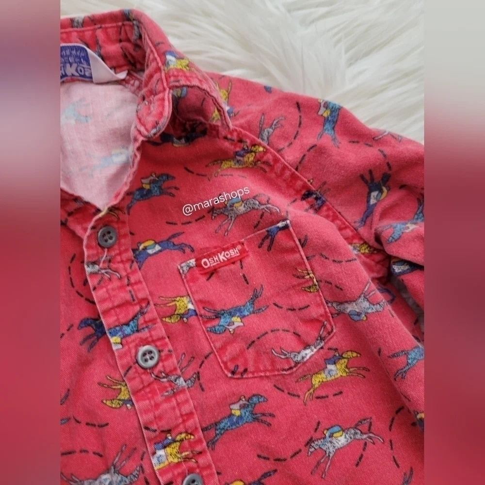 VTG OshKosh B'Gosh Vestbak Denim Set Overalls Red Race Horse